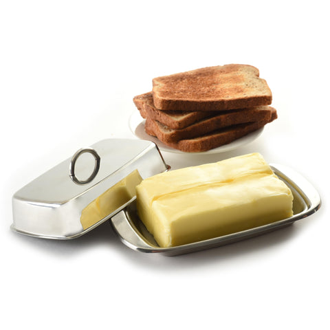 Norpro butter dish polished stainless steel highlights a sleek surface for easy serving.