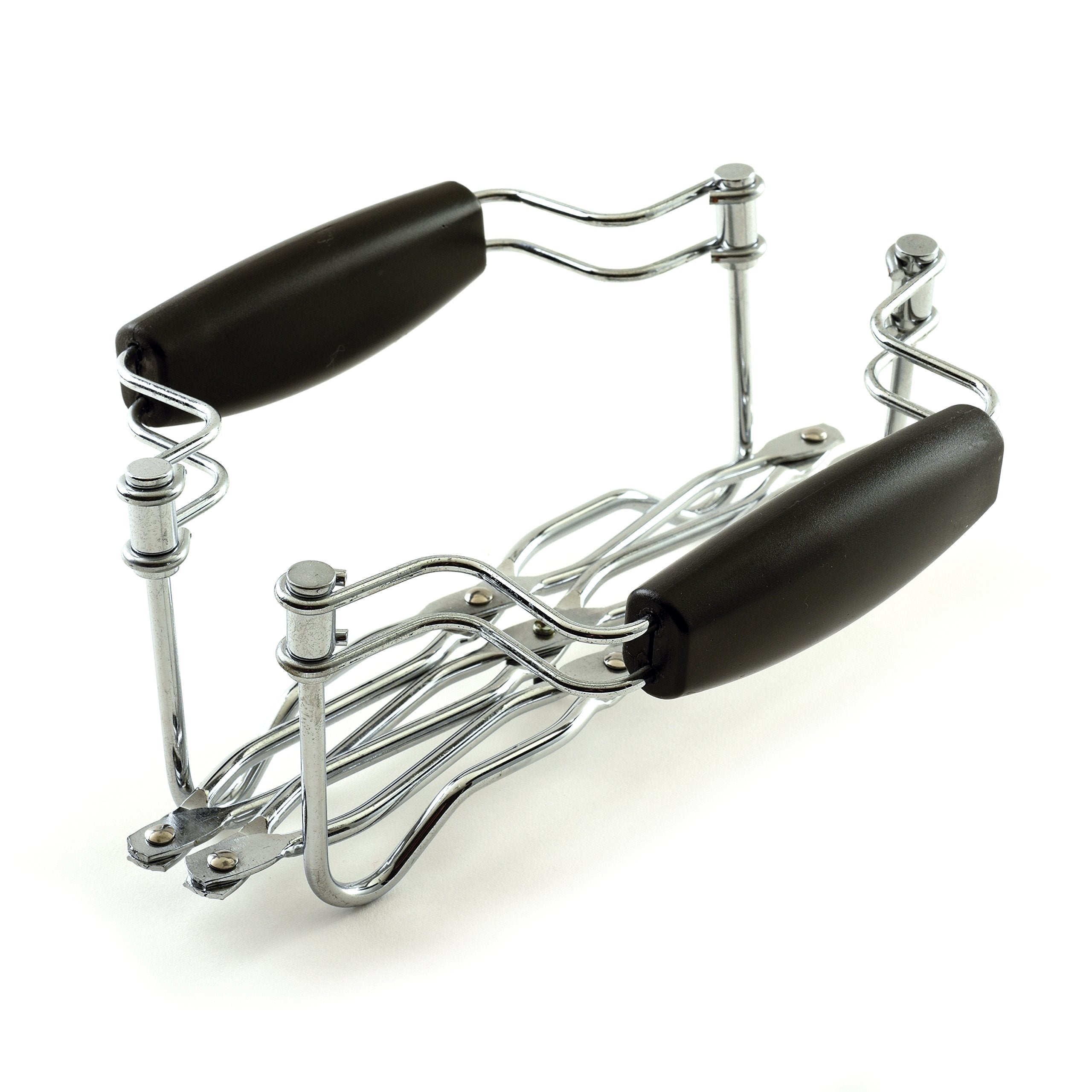 Norpro expanding trivet contracted for compact storage on kitchen shelf.