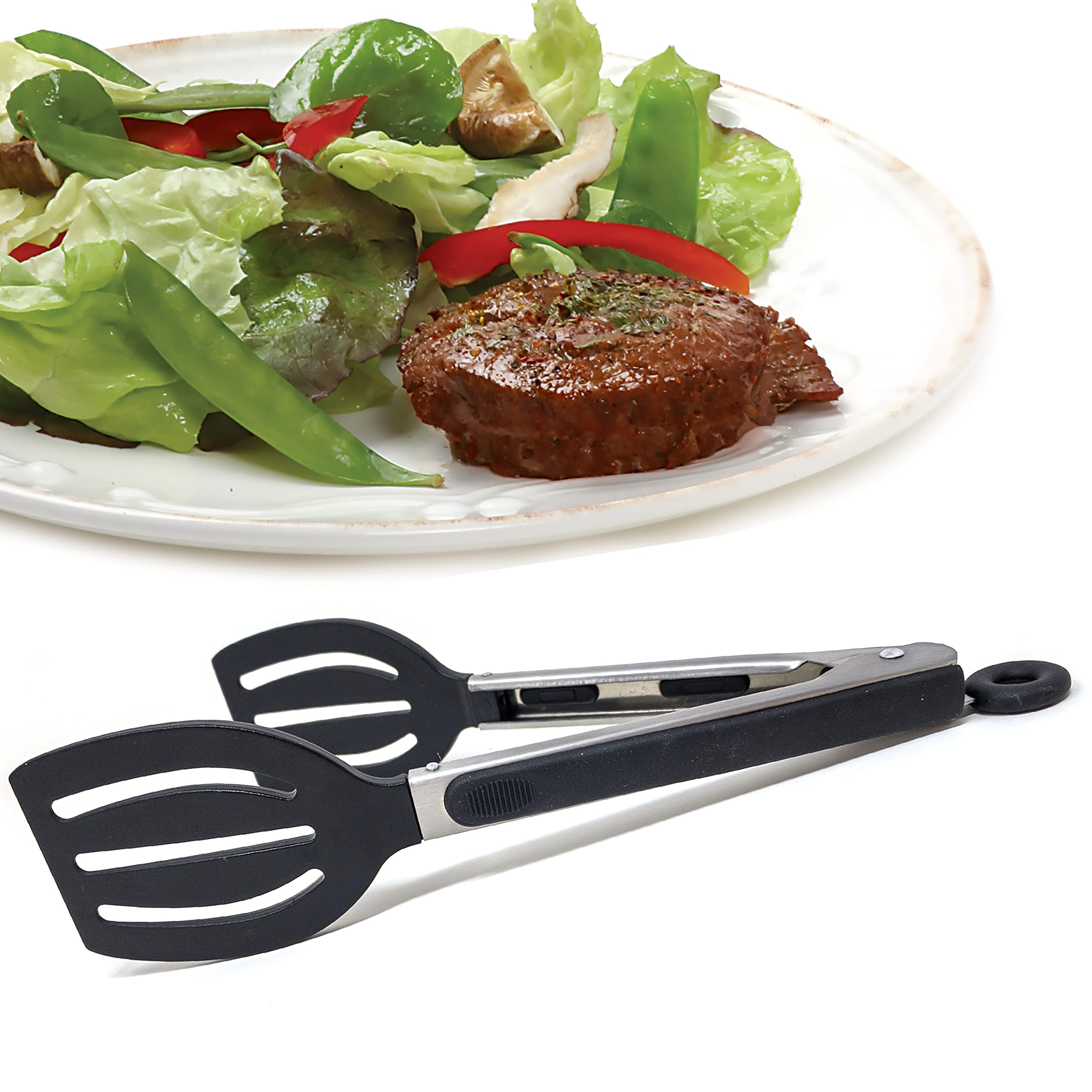Norpro Grip-EZ 9 inch locking spatula tong dishwasher safe for easy cleanup.
