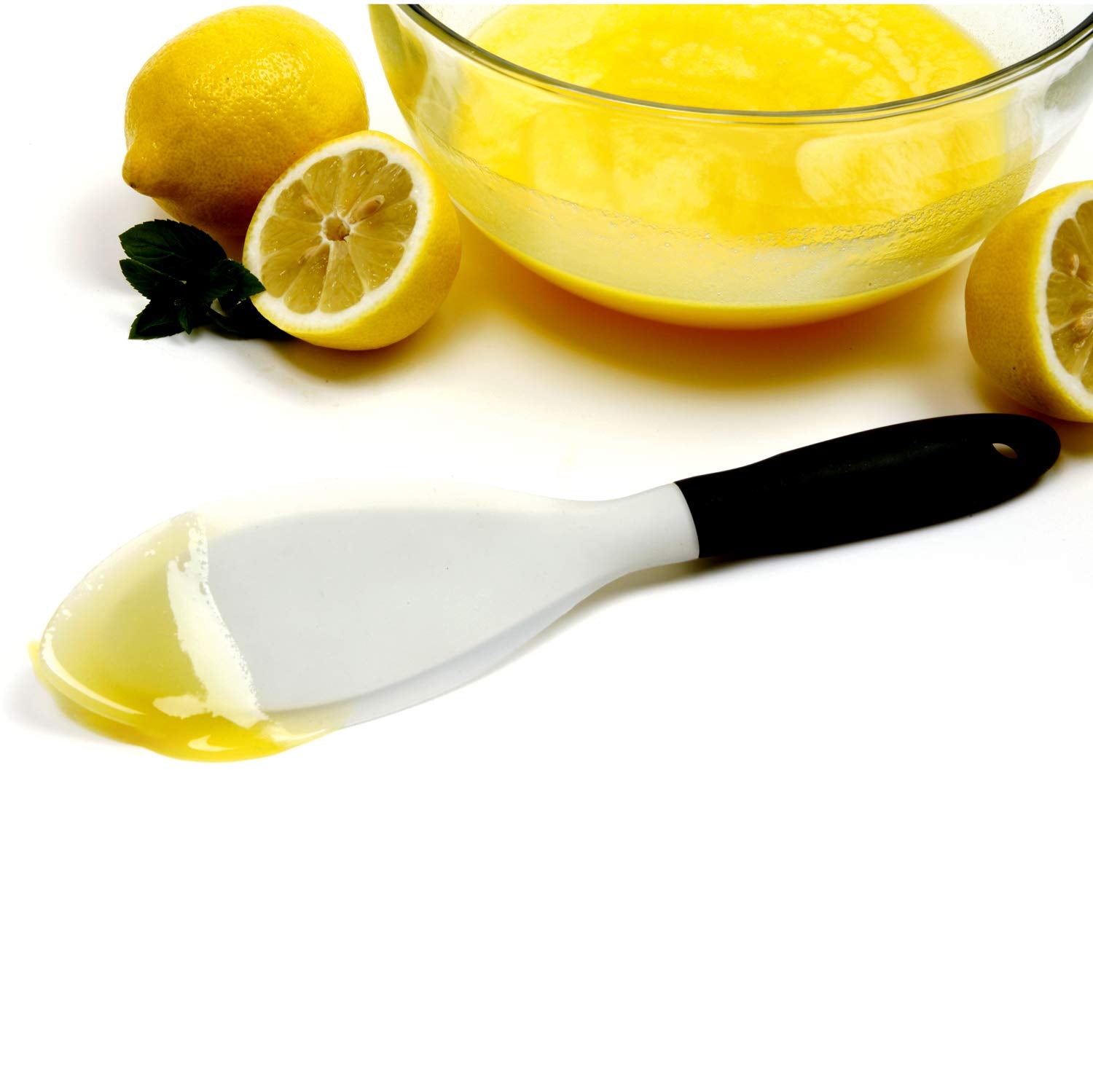 Norpro Grip EZ spatula edge tip reaches corners for thorough scraping.