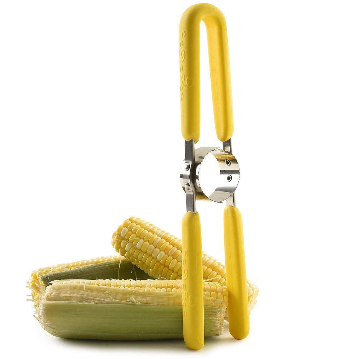 Norpro GripEz corn cutter in action, cutting kernels quickly from a cob