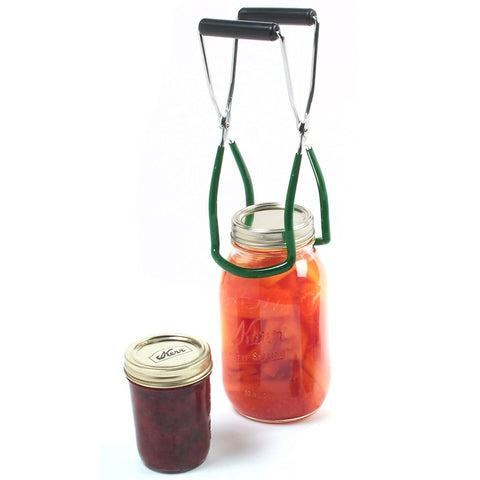 Norpro jar lifter with vinyl coating safely lifts hot jars.