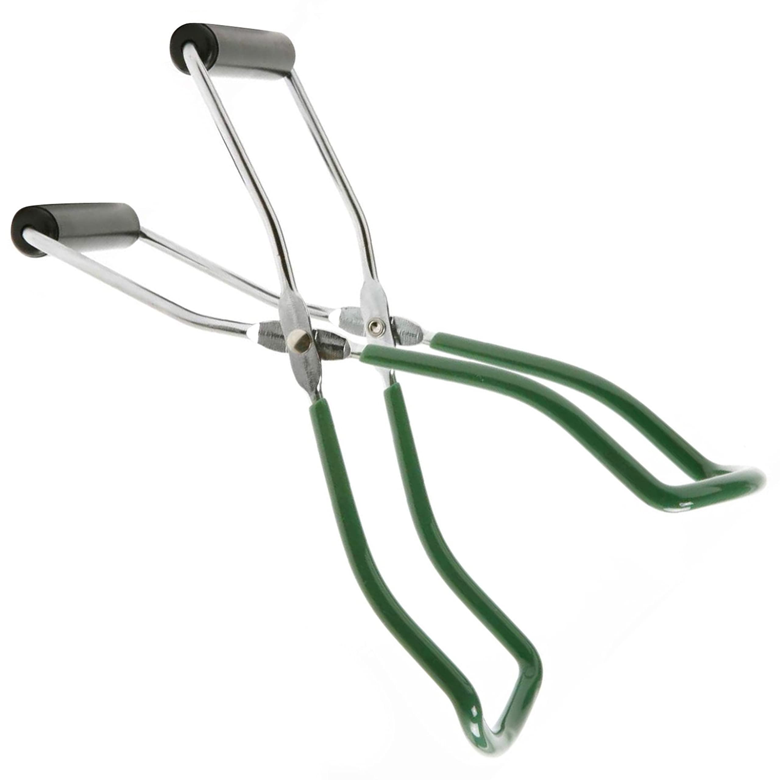 Norpro long tongs with green vinyl handles keep canning components clean.