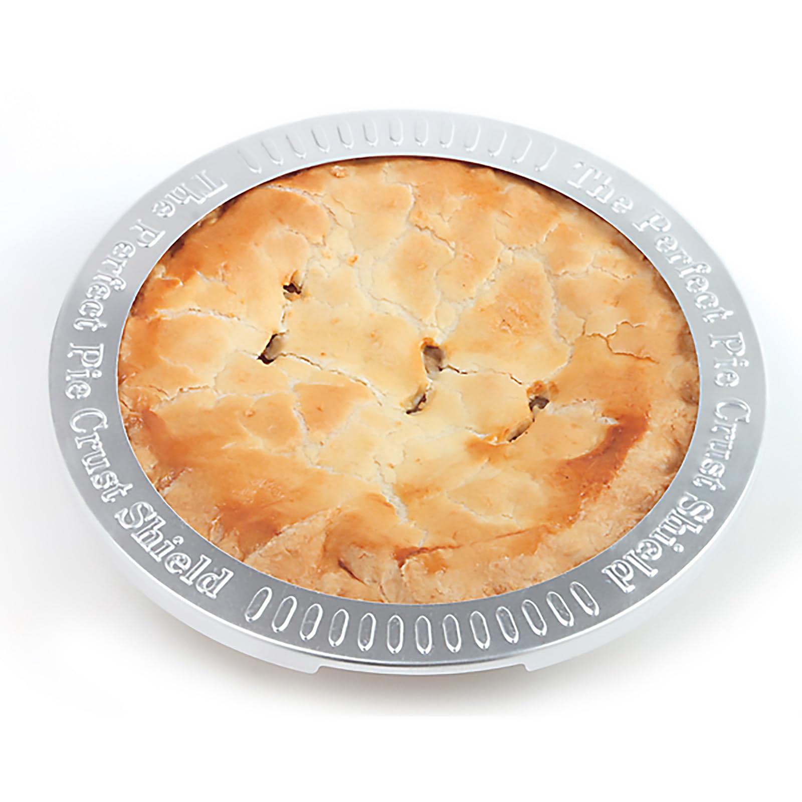 Norpro pie crust shield placed on pie to prevent spillovers during bake