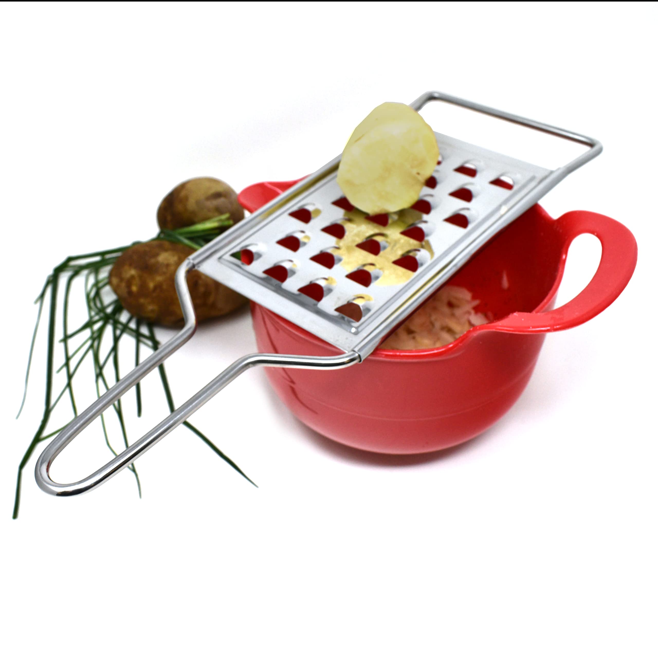 Norpro potato grater coarse grating surface delivers even potato shreds.