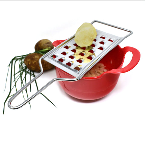Norpro potato grater coarse grating surface delivers even potato shreds.