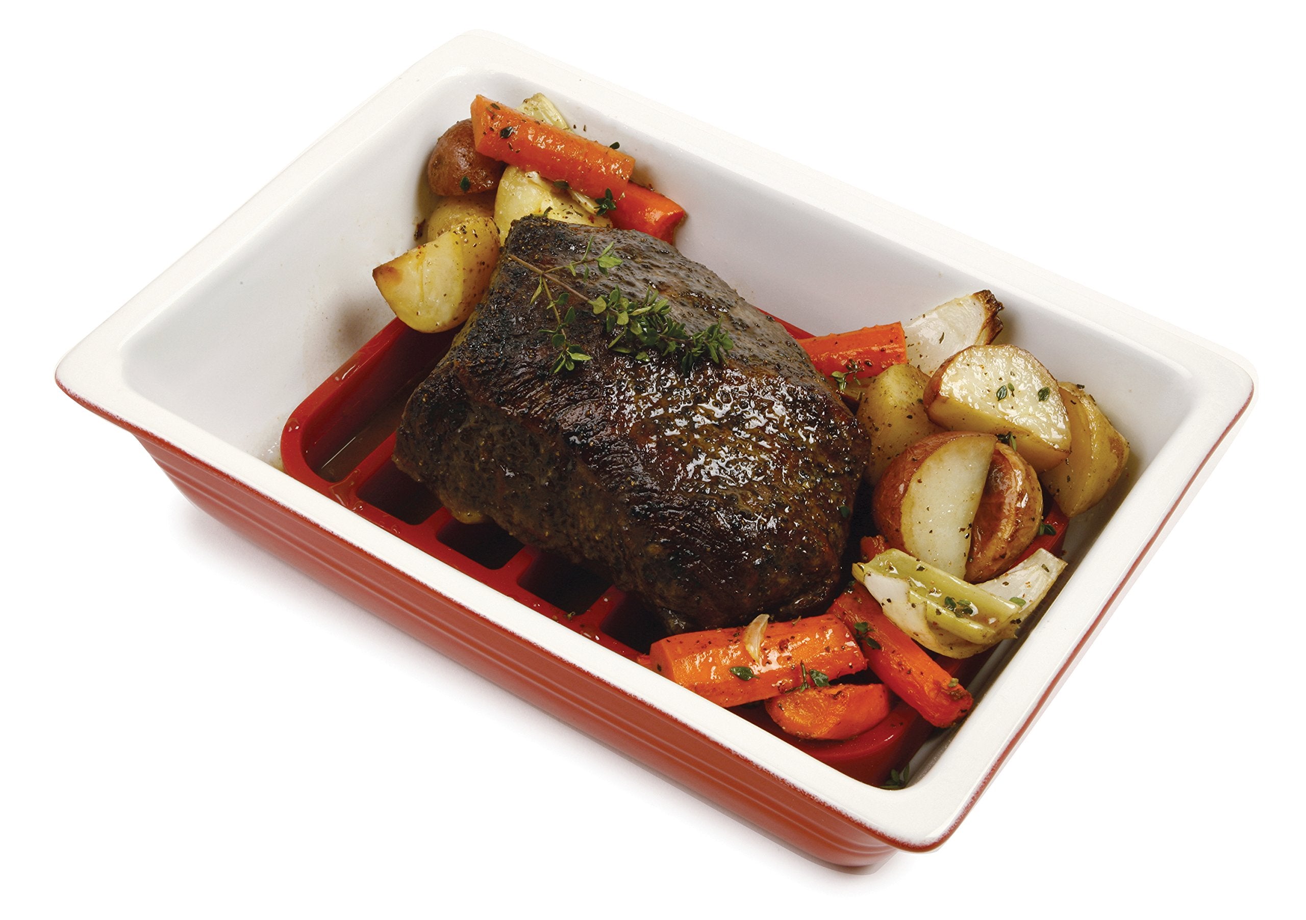 Norpro rectangle silicone roasting rack red, meat browning close-up emphasizes even heat