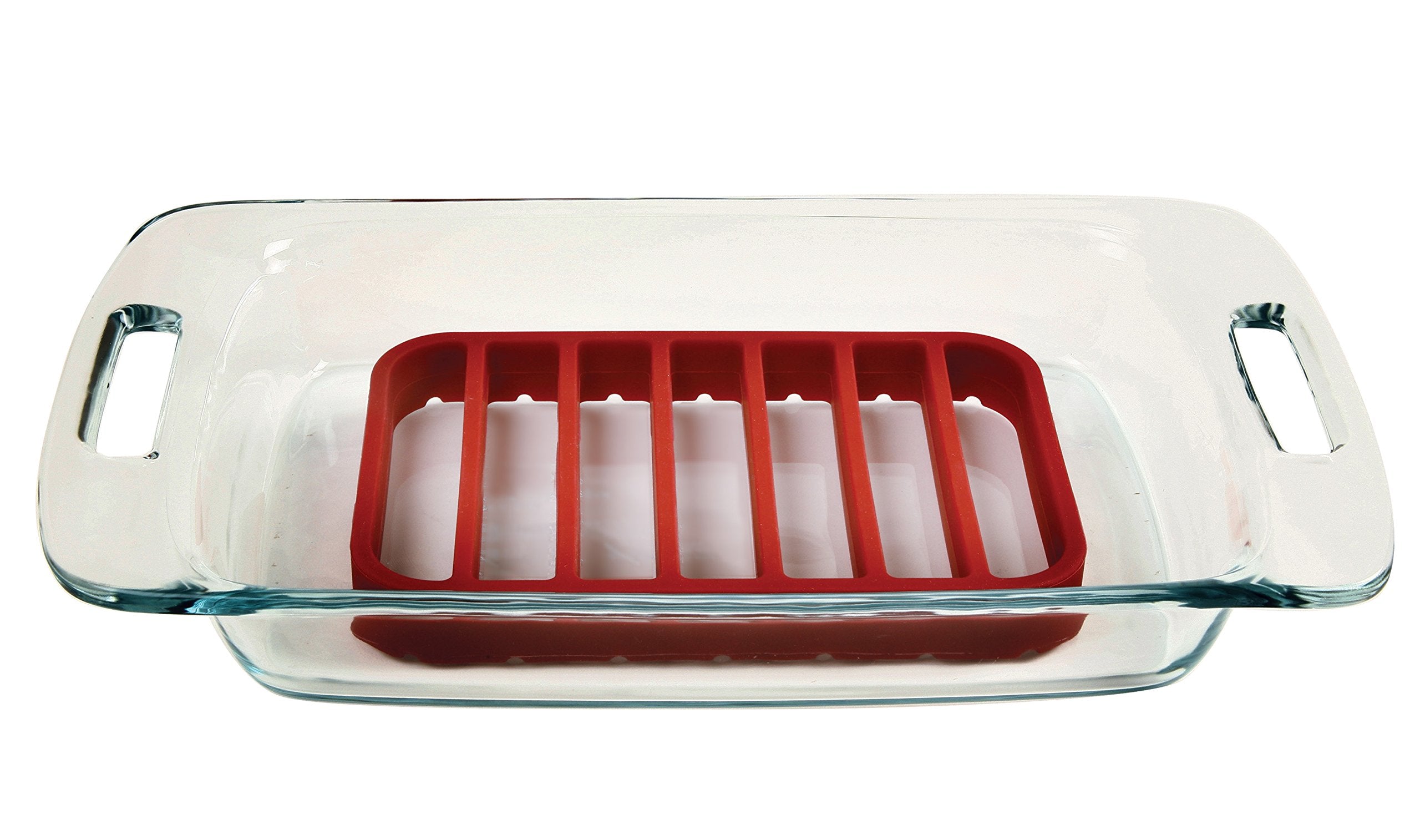 Norpro rectangle silicone roasting rack red, on-pan view demonstrates nonstick release and easy cleanup