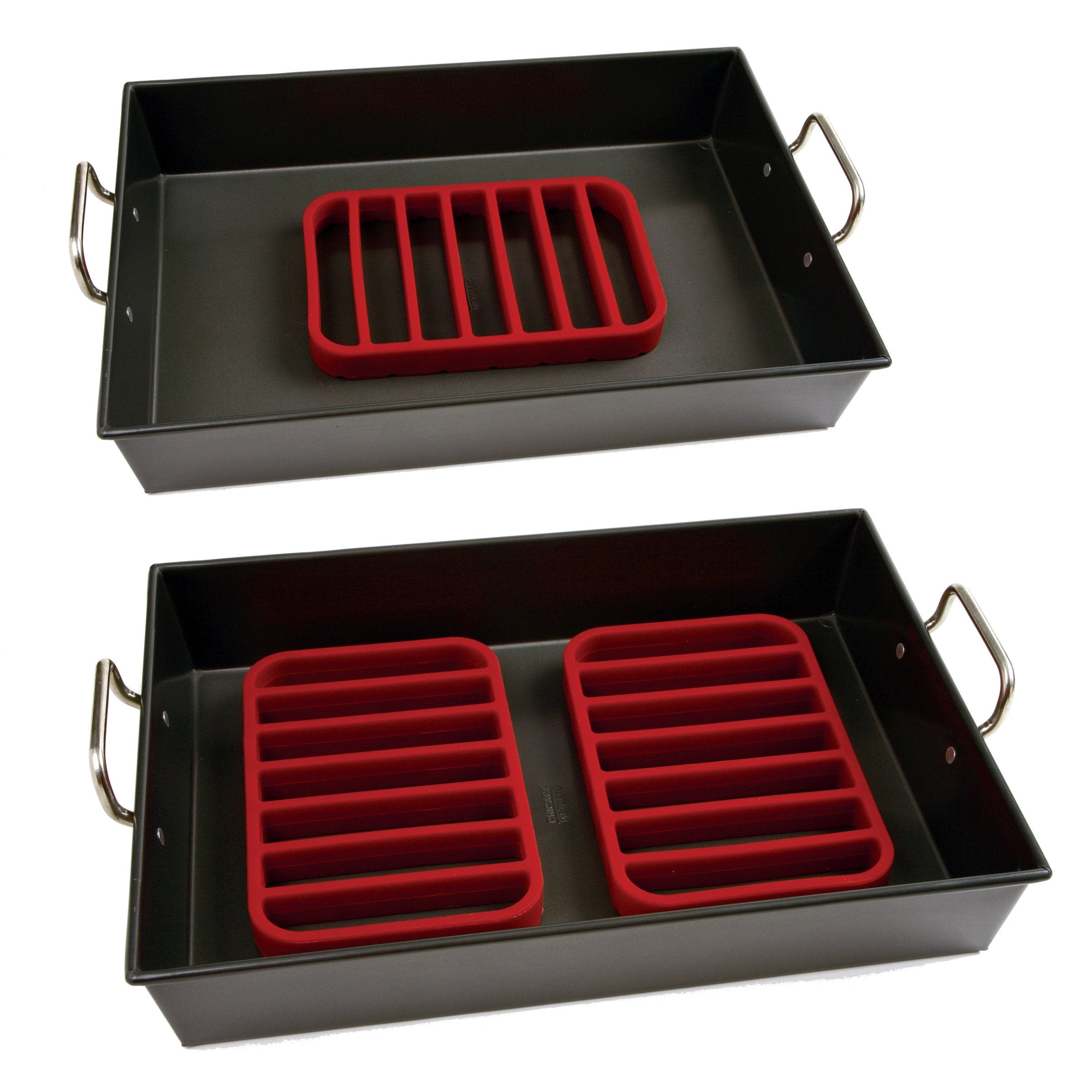 Norpro rectangle silicone roasting rack red, vegetables resting on rack for crisp edges