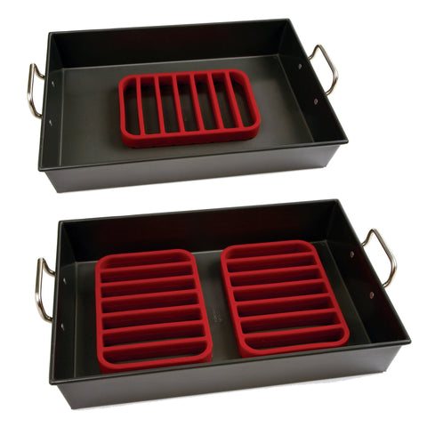 Norpro rectangle silicone roasting rack red, vegetables resting on rack for crisp edges