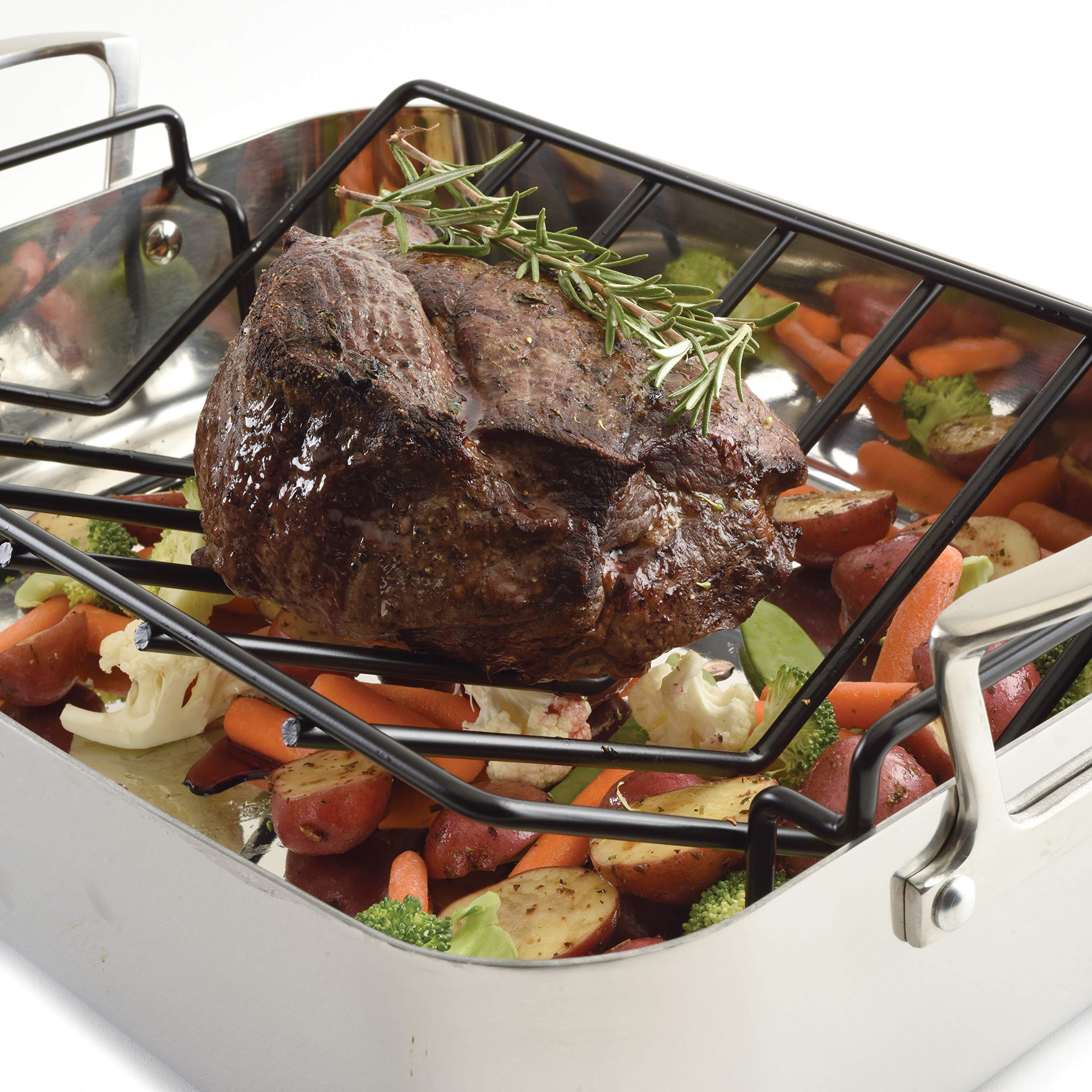 Norpro roasting rack with large side handles for effortless lifting.