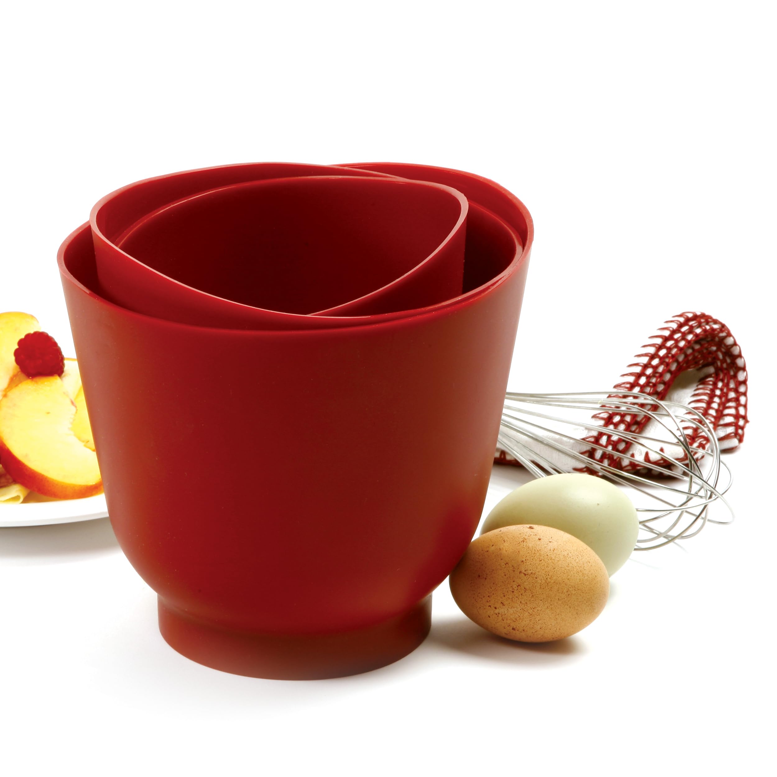 Norpro 1019R red bowls stacked, easy pouring into narrow appliances