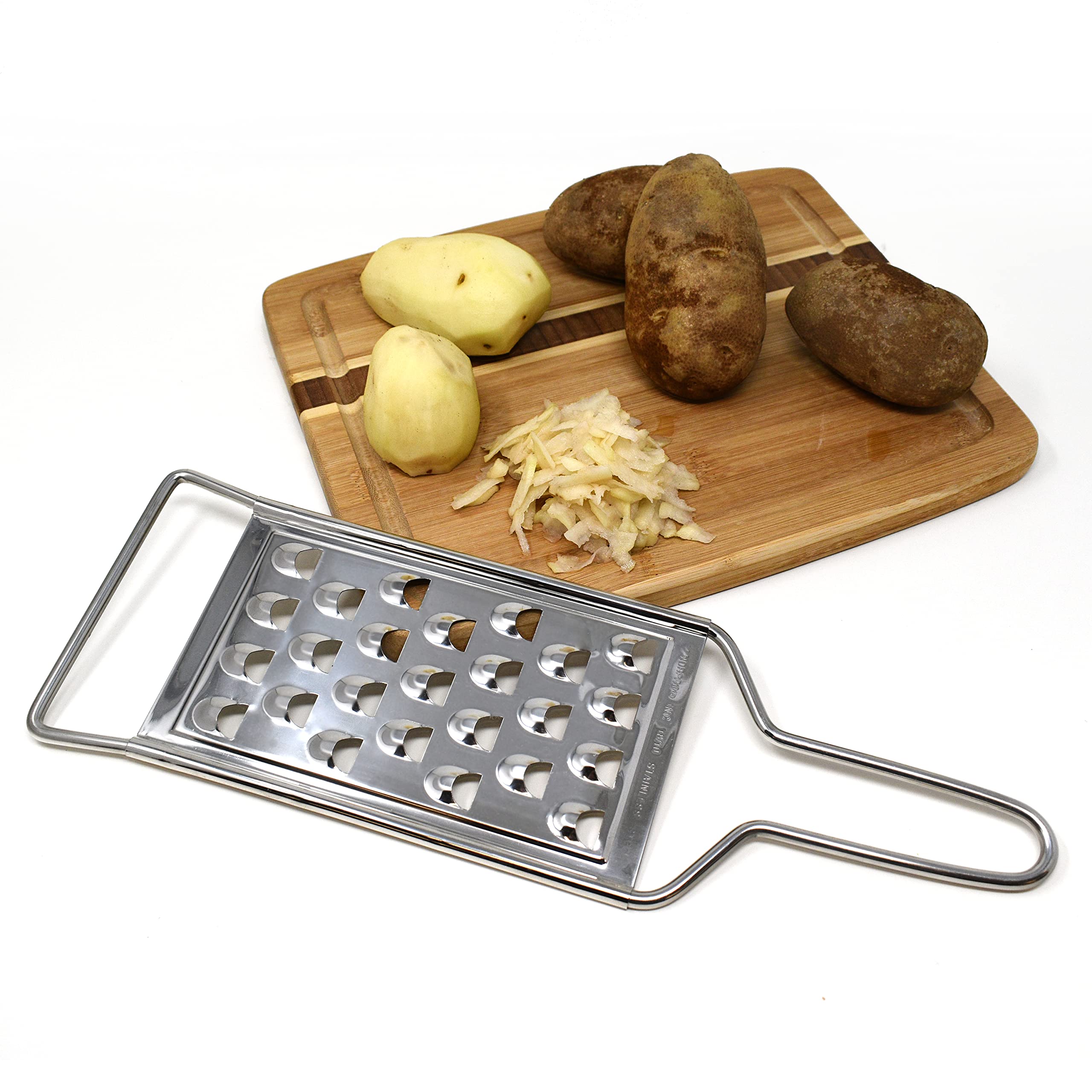 Norpro stainless steel potato grater in use demonstrates efficient hand grating.