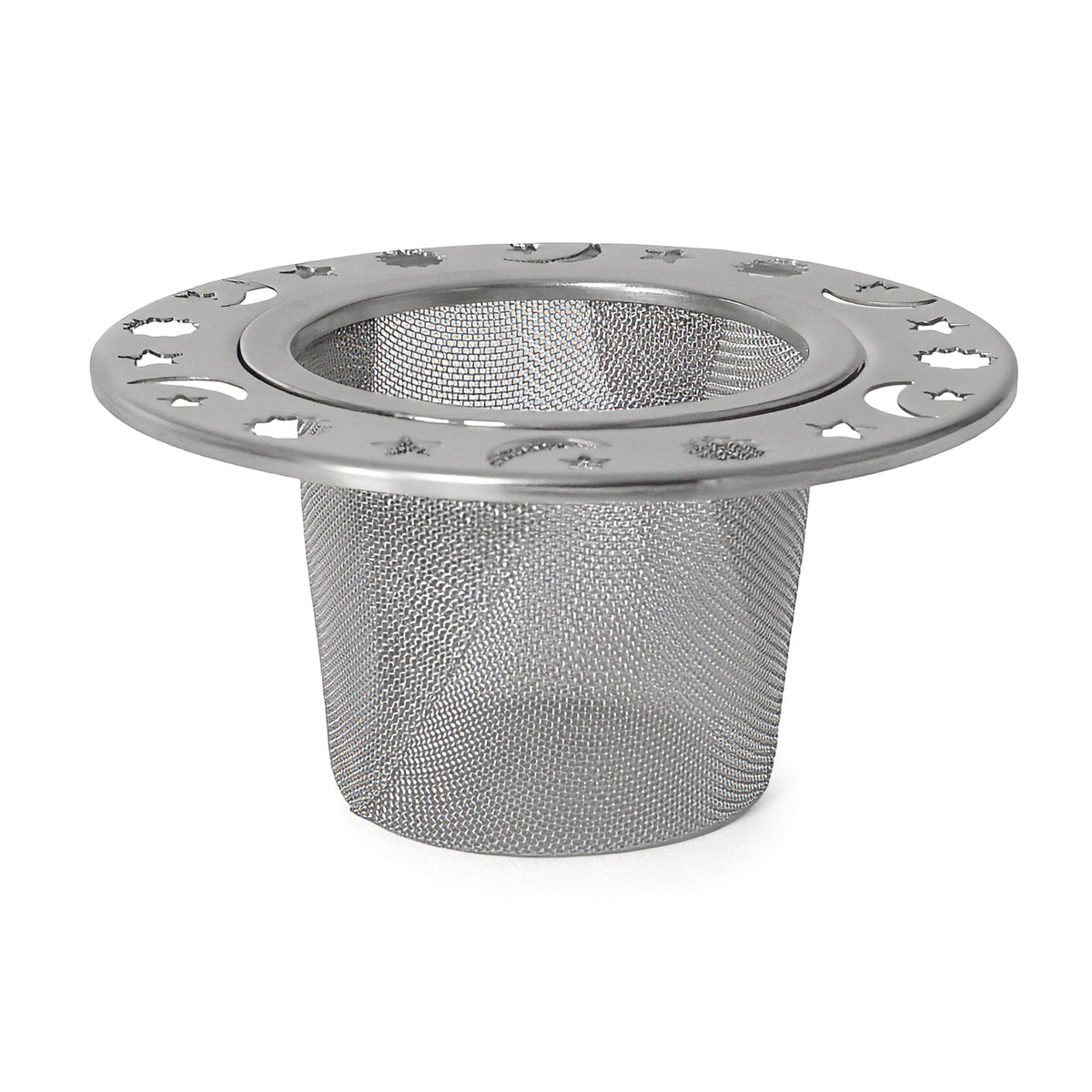 Norpro stainless steel tea infuser with sun-cutout rim for single-cup brewing.