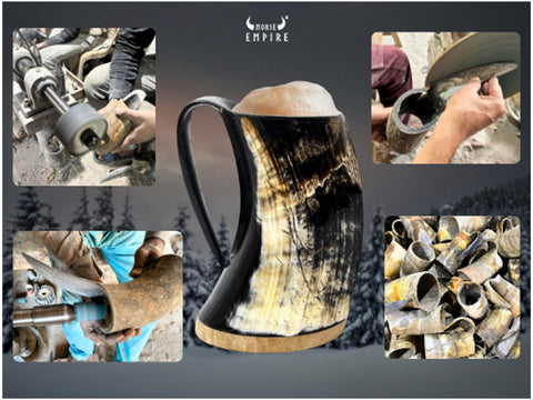 NORSE EMPIRE handcrafted ox horn mug showing hand-polished surface and unique color patterns.