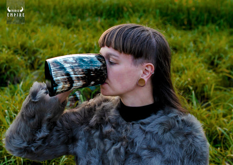 Norse Empire mug with polished natural colors and horn patterns.