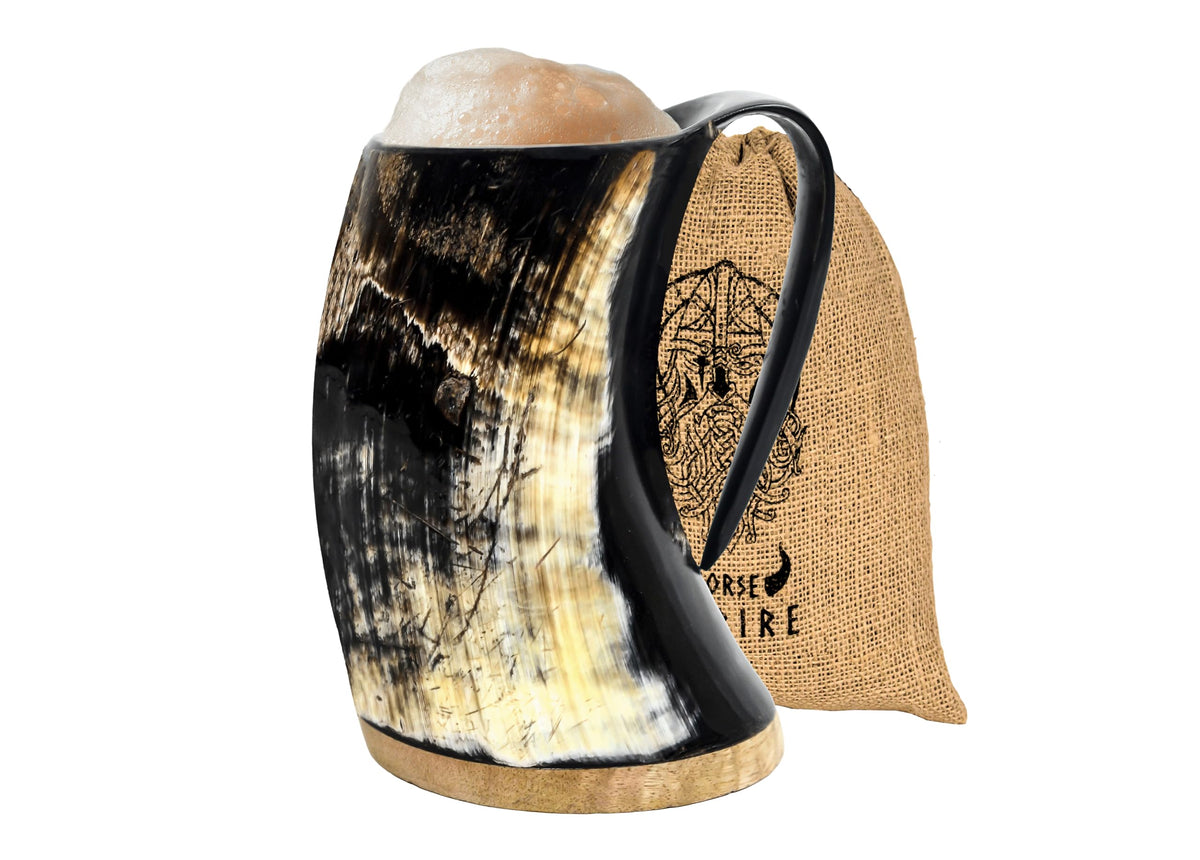 NORSE EMPIRE Viking Horn Mug with 16oz capacity and natural horn variation for authentic enjoyment.