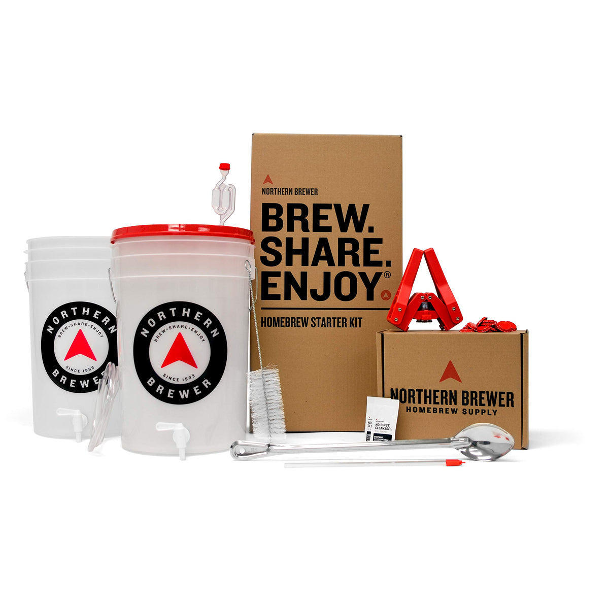 Northern Brewer Block Party Amber starter kit on counter, perfect for first-time homebrewers