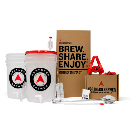 Northern Brewer Block Party Amber starter kit on counter, perfect for first-time homebrewers