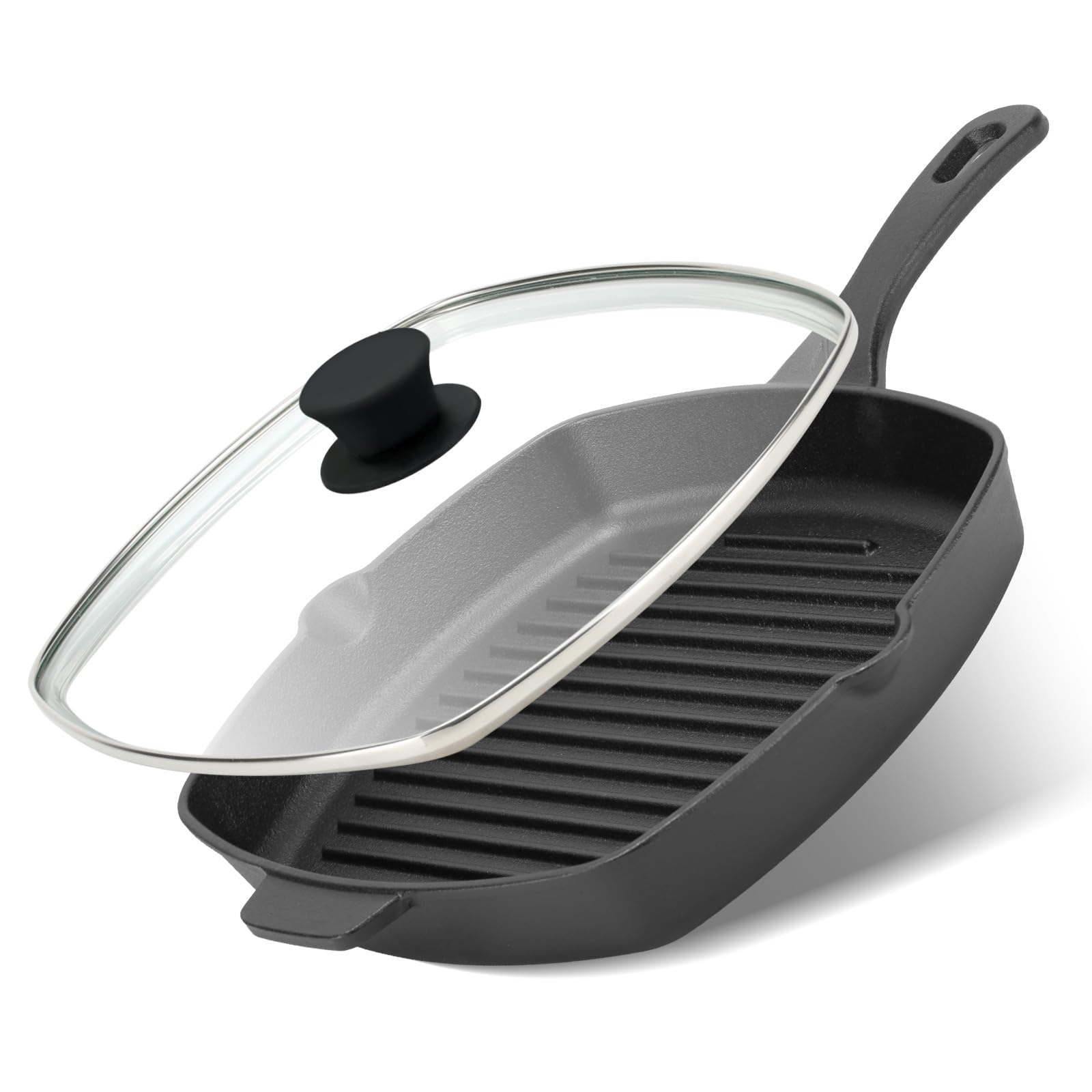 Northriver Casting 10.5-inch square grill pan with lid, even heating for searing