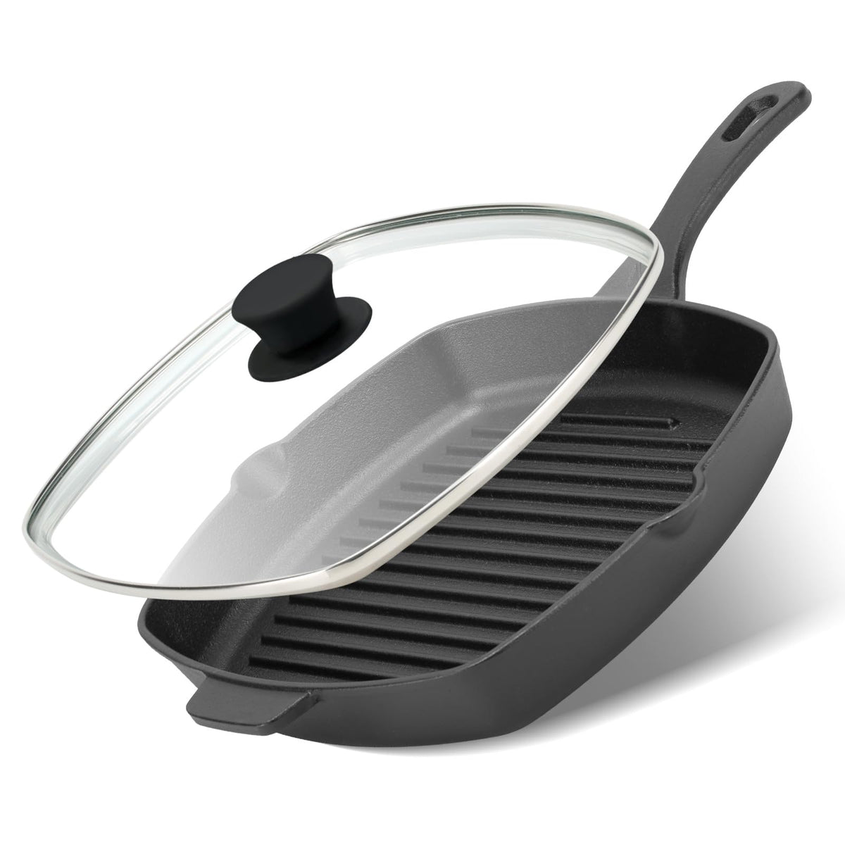 Northriver Casting 10.5-inch square grill pan with lid, even heating for searing