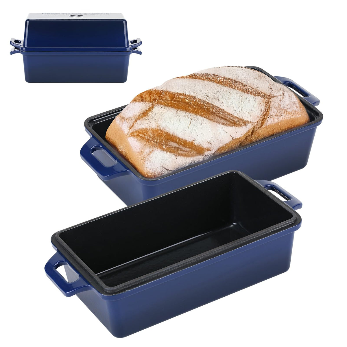 Northriver Casting 2-in-1 bread pan lid shows dual-function baking in navy finish.