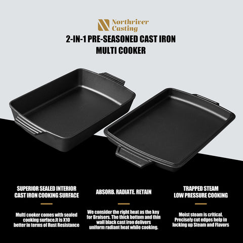 Northriver Casting 2-in-1 Dutch Oven rectangular design maximizes space.