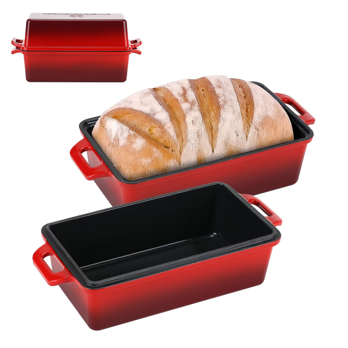 Northriver Casting 9x5 loaf pan with lid in red for versatile baking