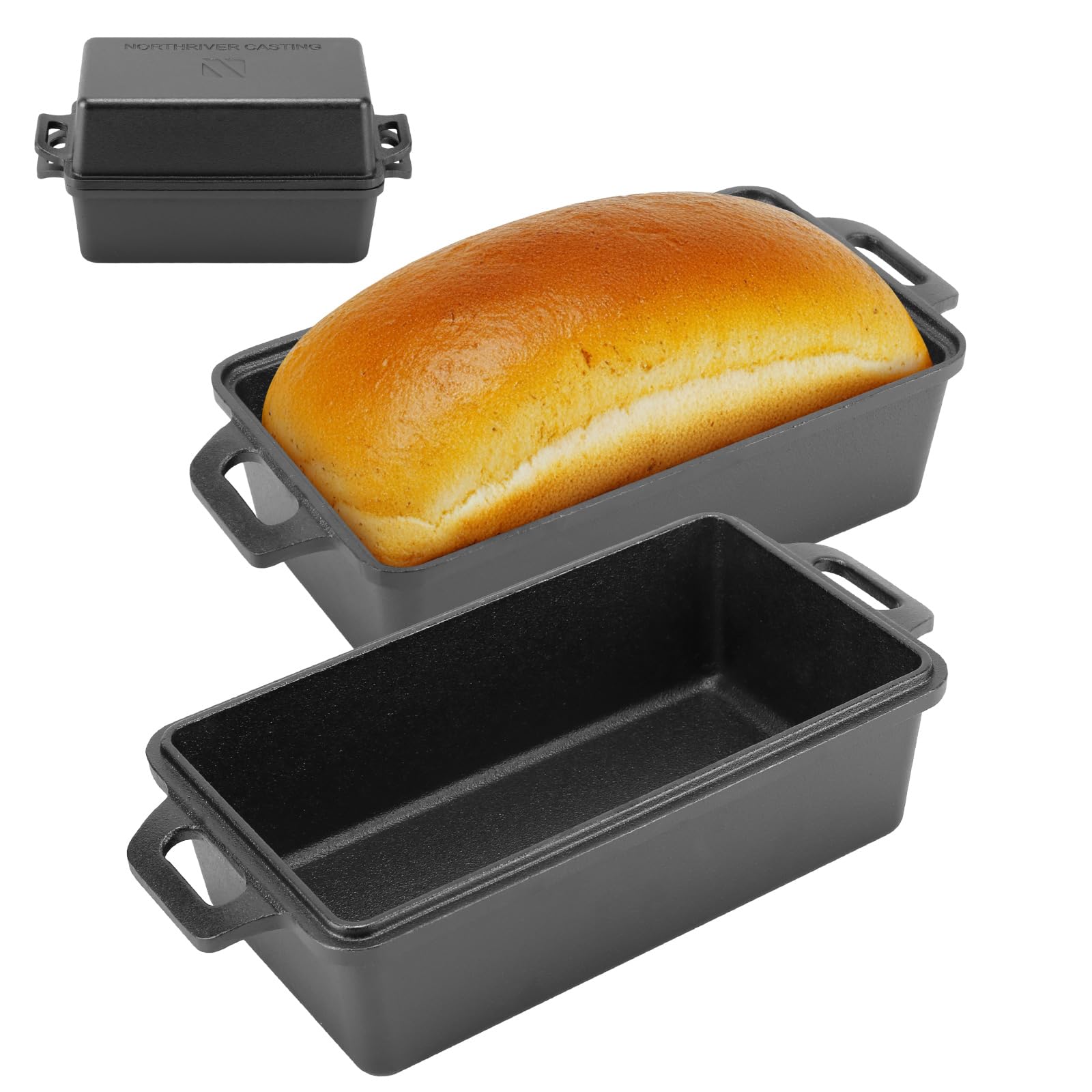 Northriver Casting 9x5 loaf pan with lid for even heat distribution.