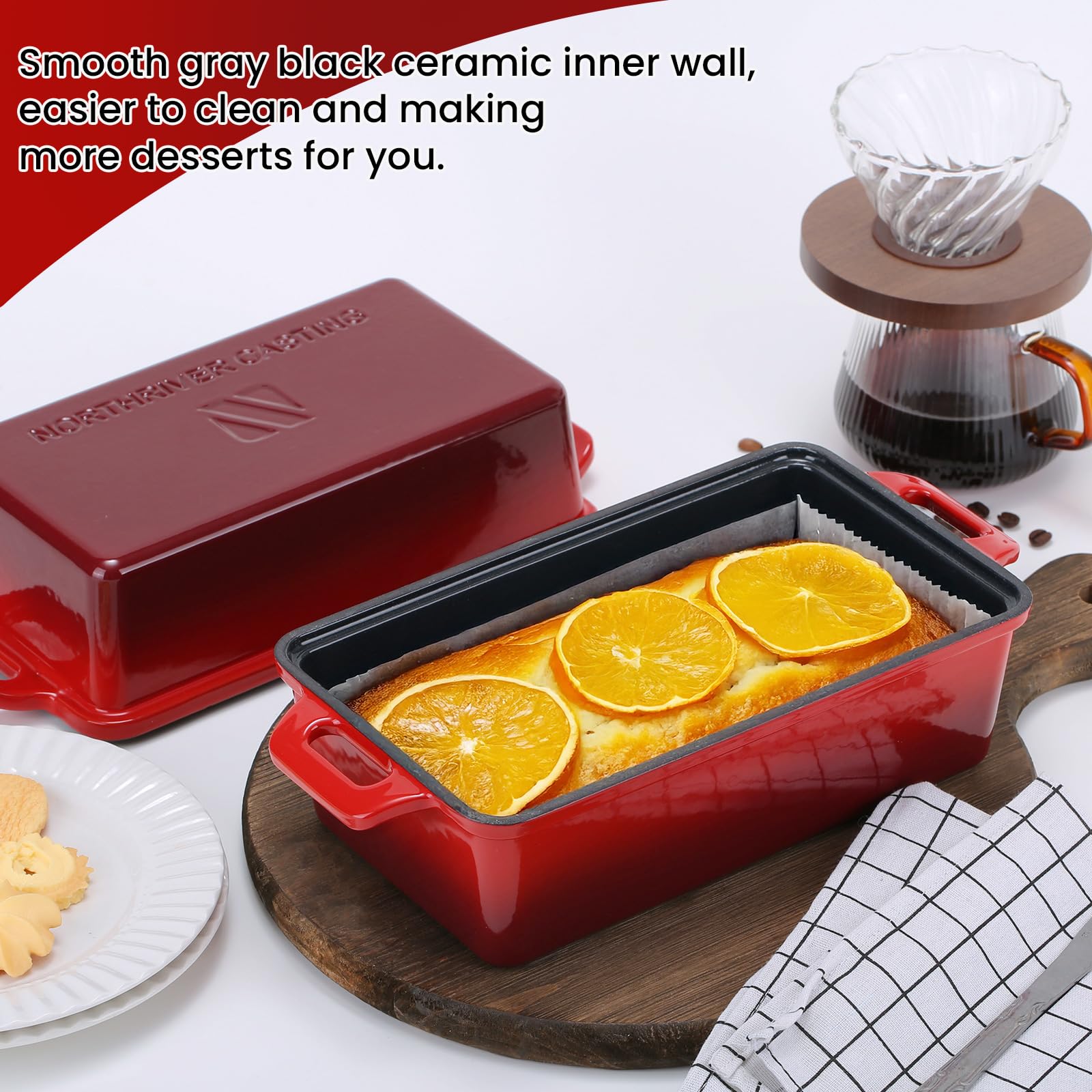 Red finish adds a vibrant touch to any kitchen while baking.