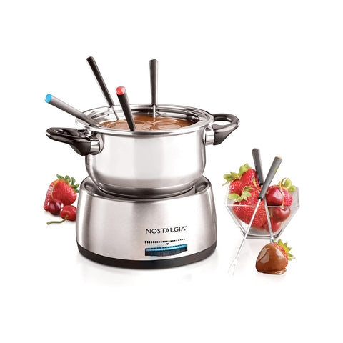 Nostalgia 6-Cup Electric Fondue Pot with full set ideal for family-style fondue gatherings
