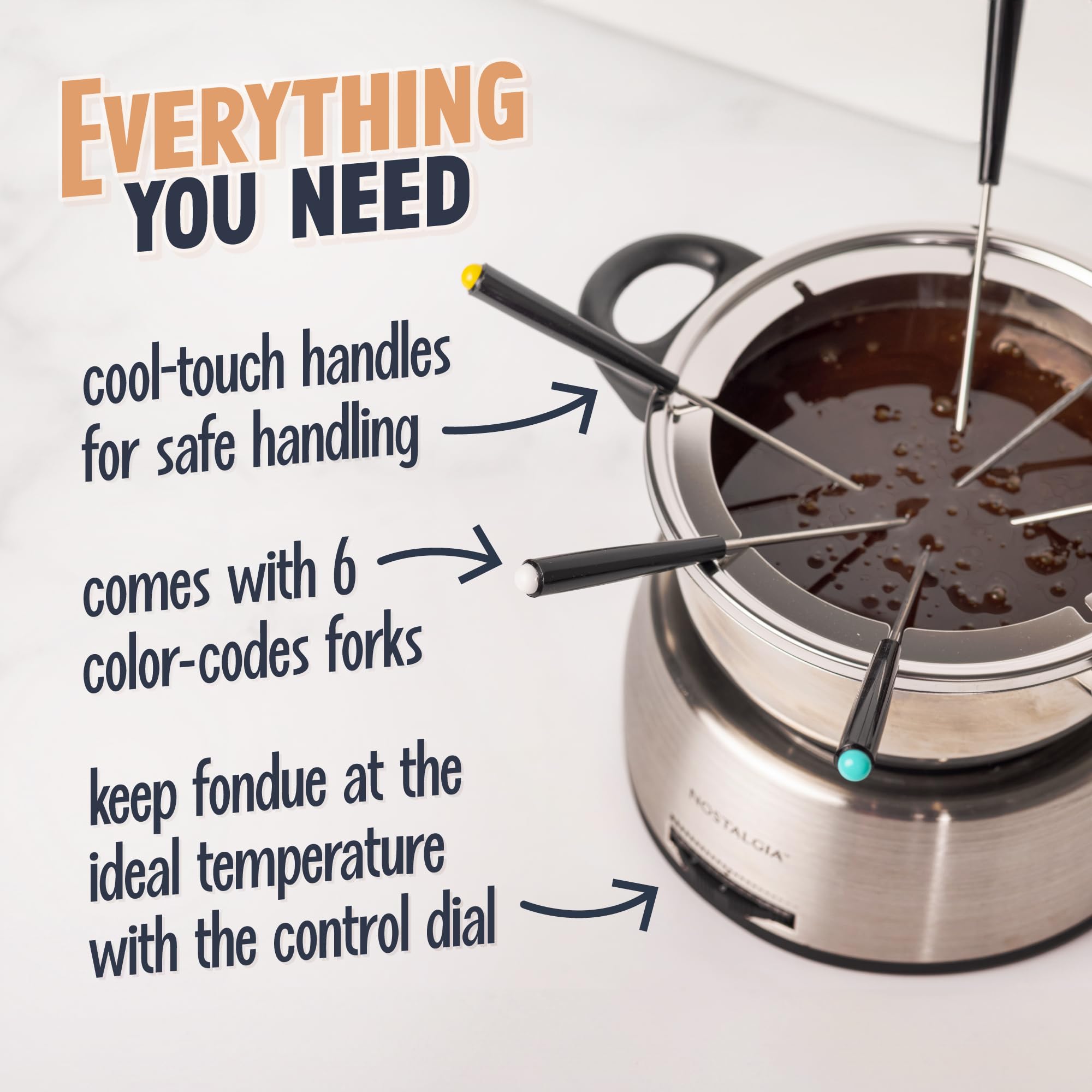 Nostalgia blue-lit temperature control dial keeps fondue at the perfect consistency