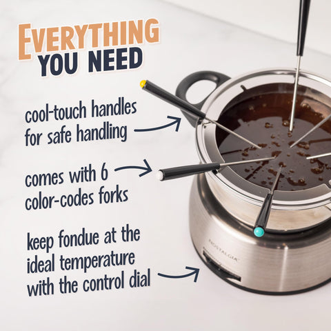 Nostalgia blue-lit temperature control dial keeps fondue at the perfect consistency