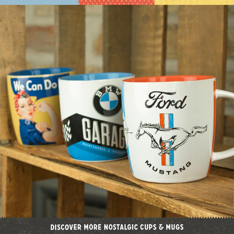 Nostalgic-Art BMW Classics mug on desk, sturdy ceramic for home or office use