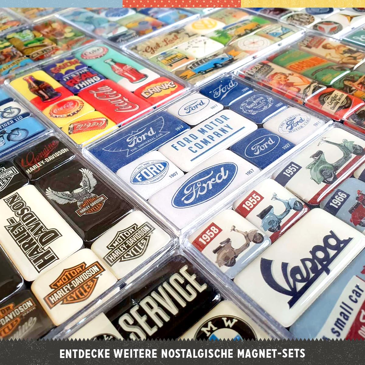 Nostalgic-Art magnets on a notice board add color and organization.