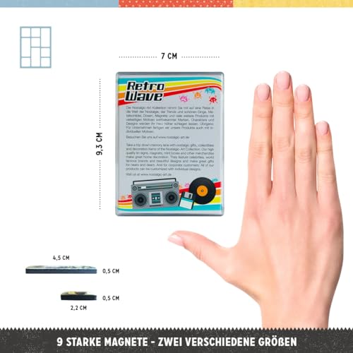 Nostalgic-Art nine-design magnets sealed in epoxy resin for durable color.