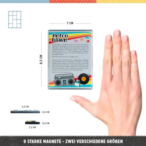 Nostalgic-Art nine-design magnets sealed in epoxy resin for durable color.