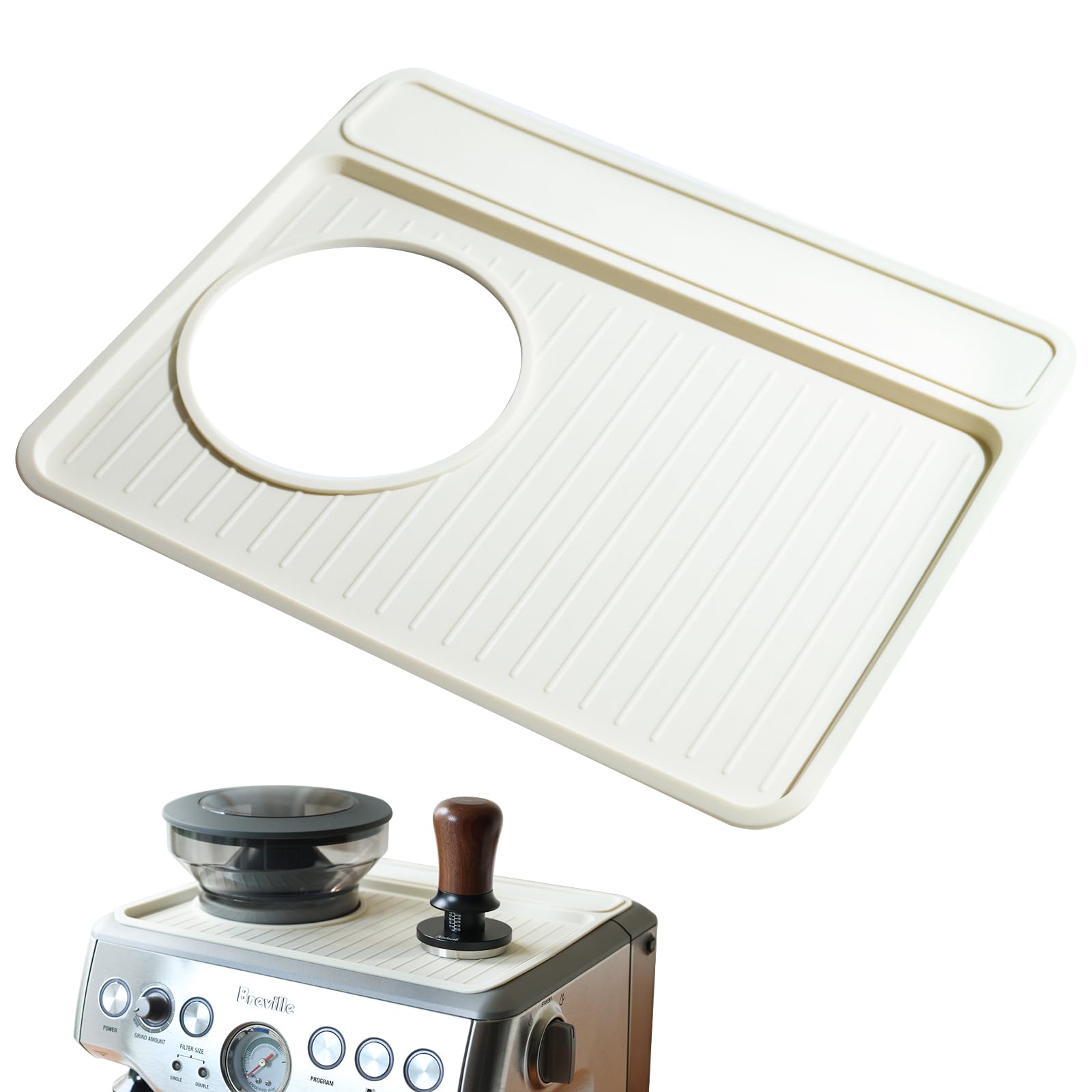 NOTSEK tamping mat on Breville top protects surface during coffee prep.