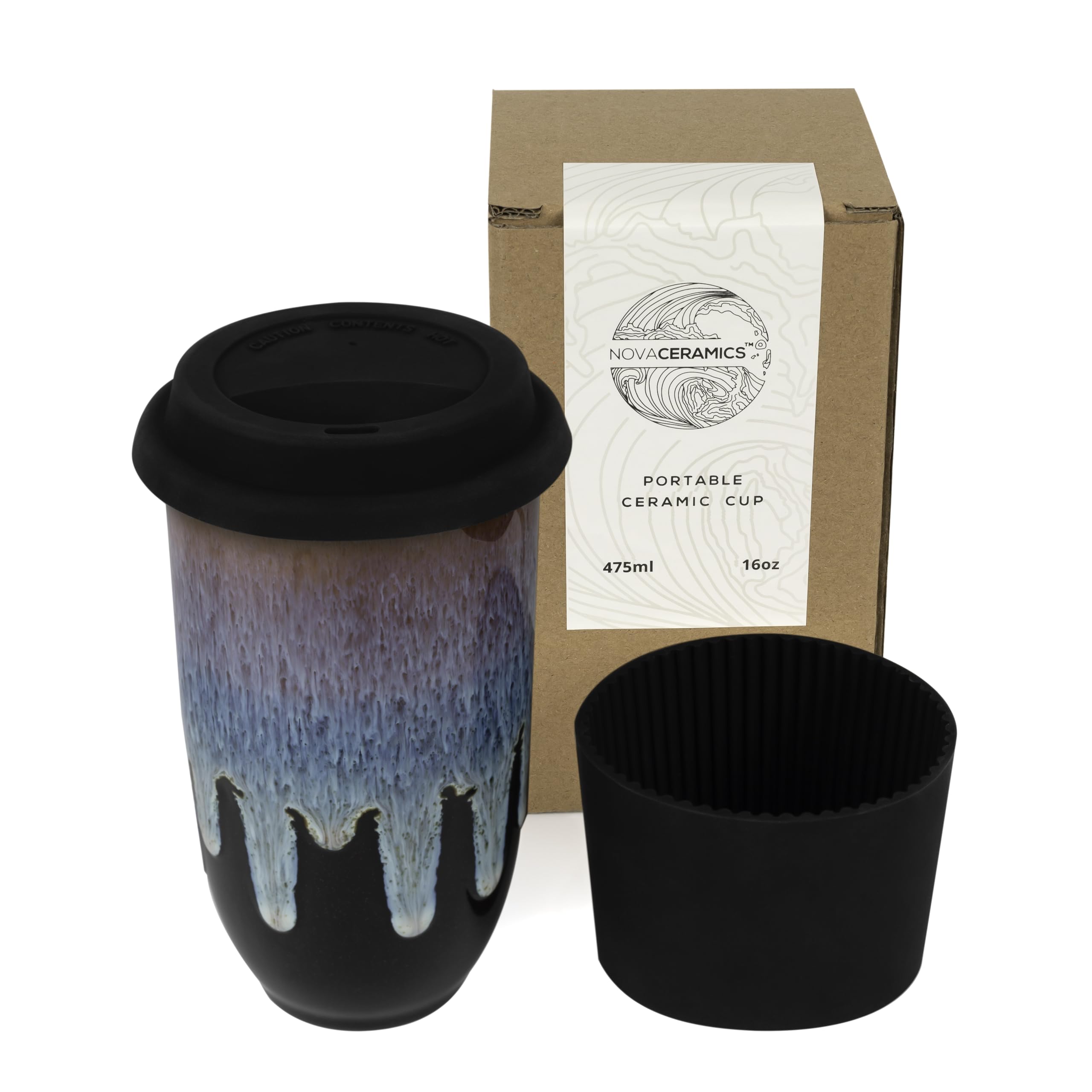 NOVA CERAMICS Coffee Tumbler with Monsoon blue glaze and black base for travel.