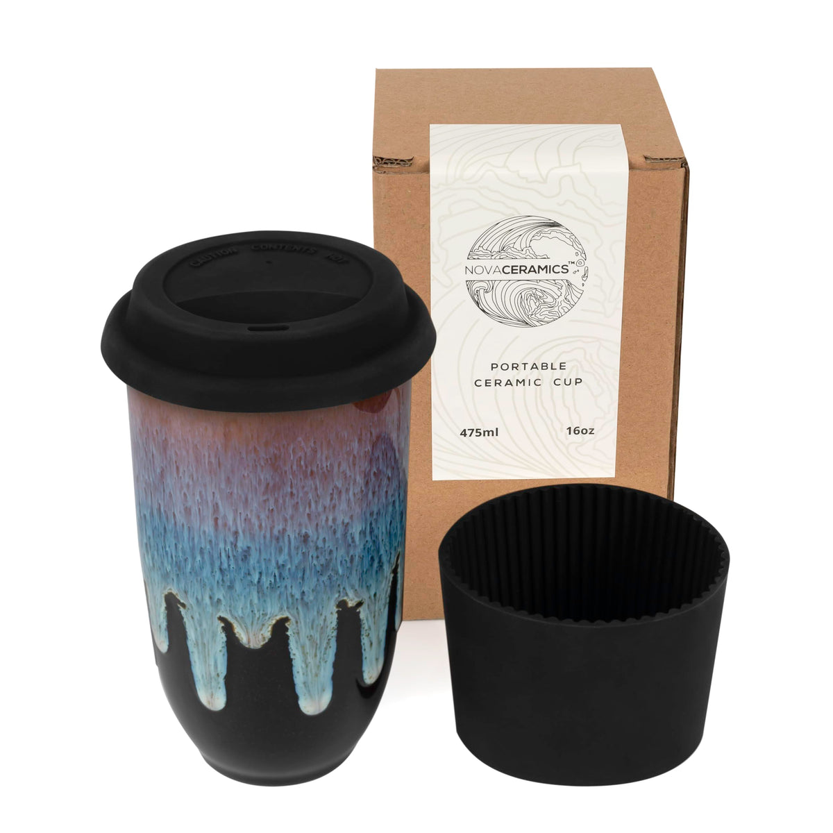 NOVA CERAMICS Coffee Tumbler with Monsoon blue glaze and black base for travel.