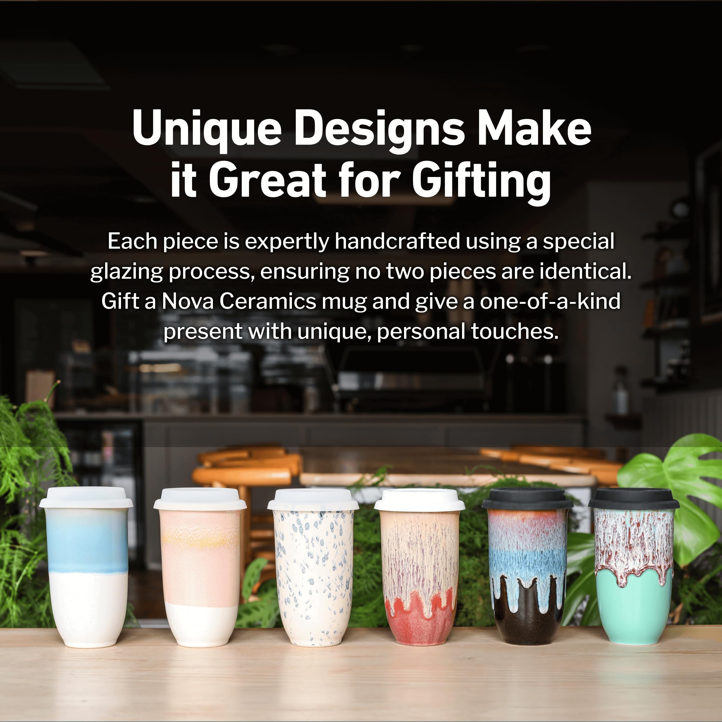 NOVA CERAMICS Mug in cup holder demonstrates travel-friendly portability.