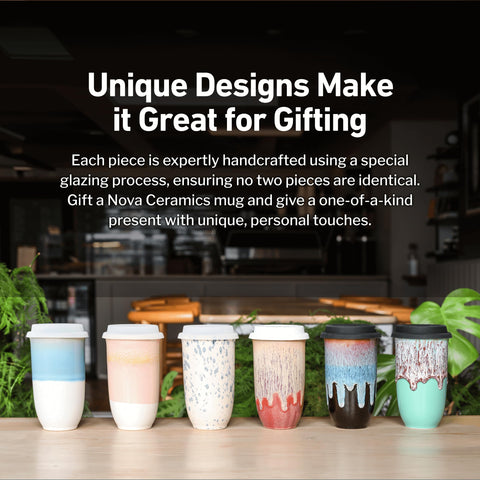 NOVA CERAMICS Mug in cup holder demonstrates travel-friendly portability.