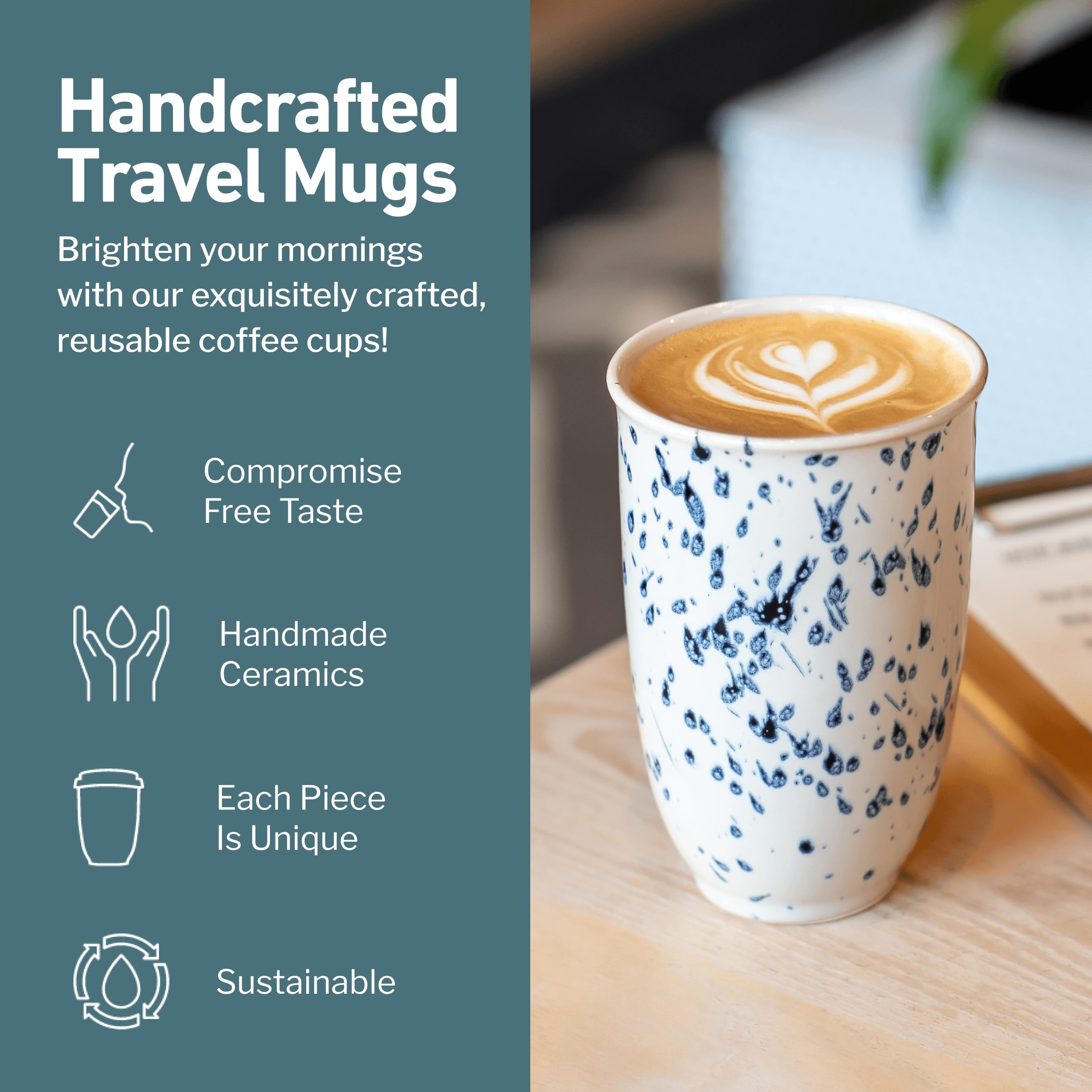 NOVA CERAMICS Orchid travel mug blue splashes highlight premium ceramic flavor preservation.