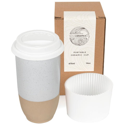 Nova Ceramics travel mug in dune glaze closeup showing texture for a premium coffee experience