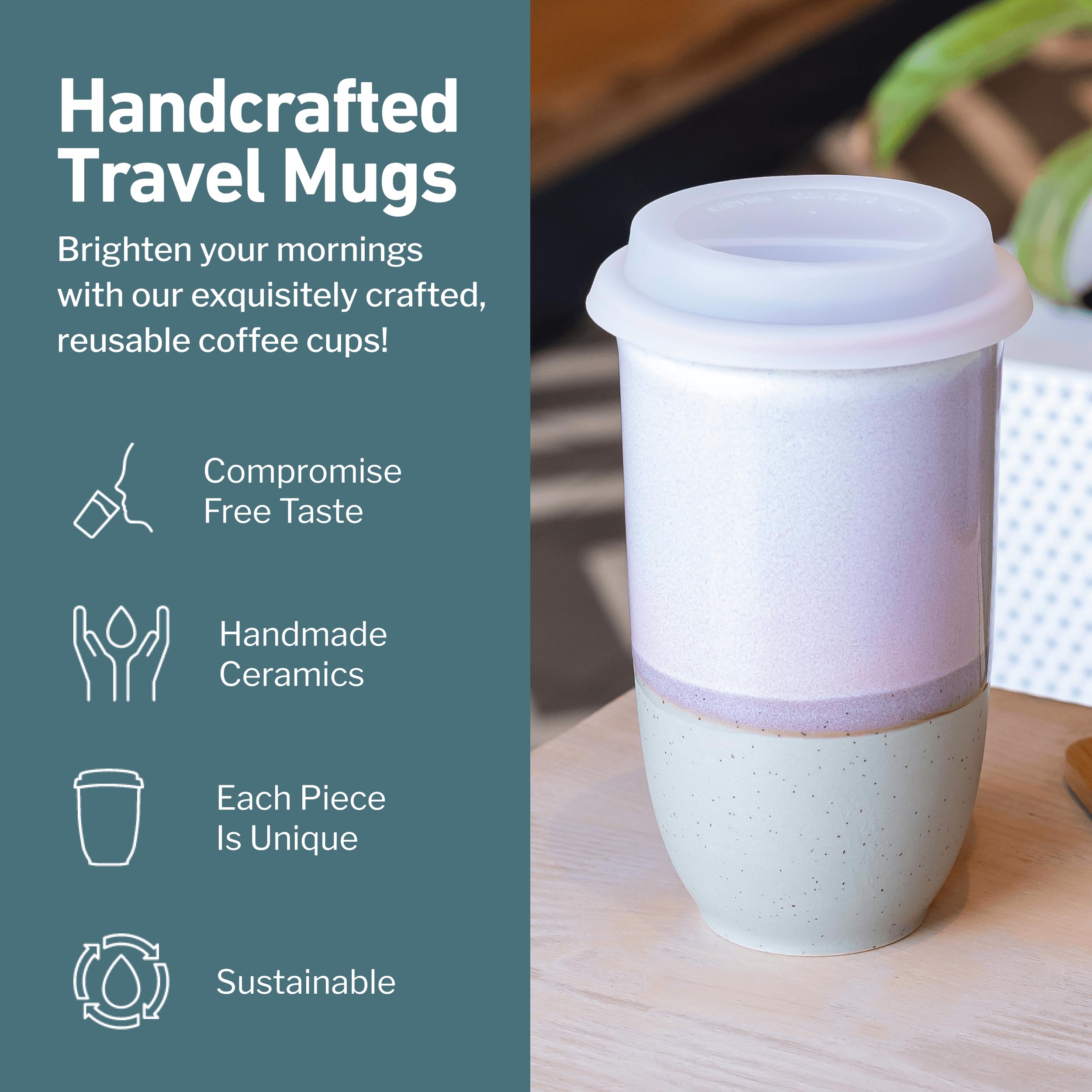NOVA CERAMICS Travel Mug lid on emphasizes secure cap for on-the-go sipping.