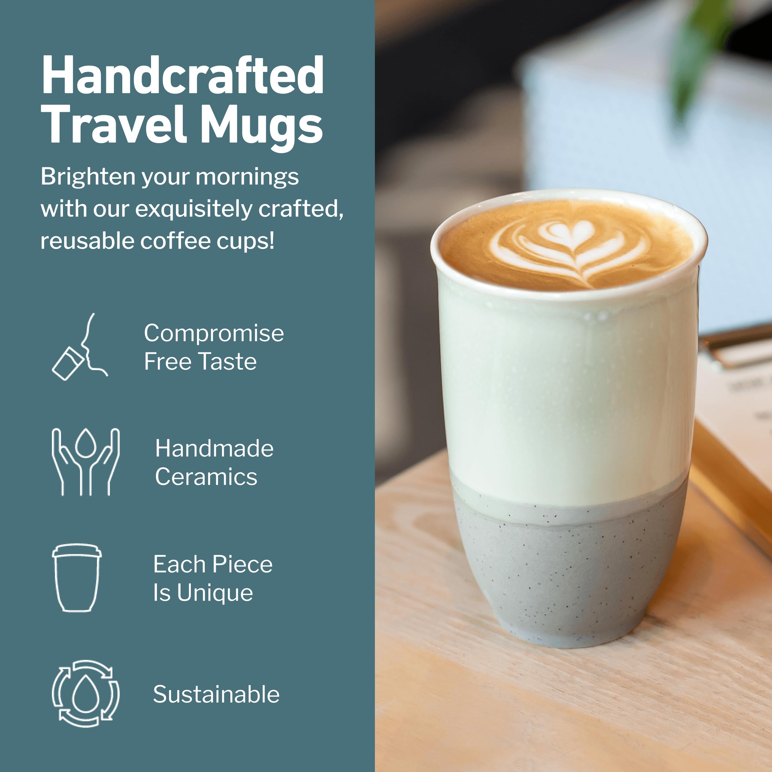 Nova Ceramics travel mug Sea Mist handle close-up for comfortable grip