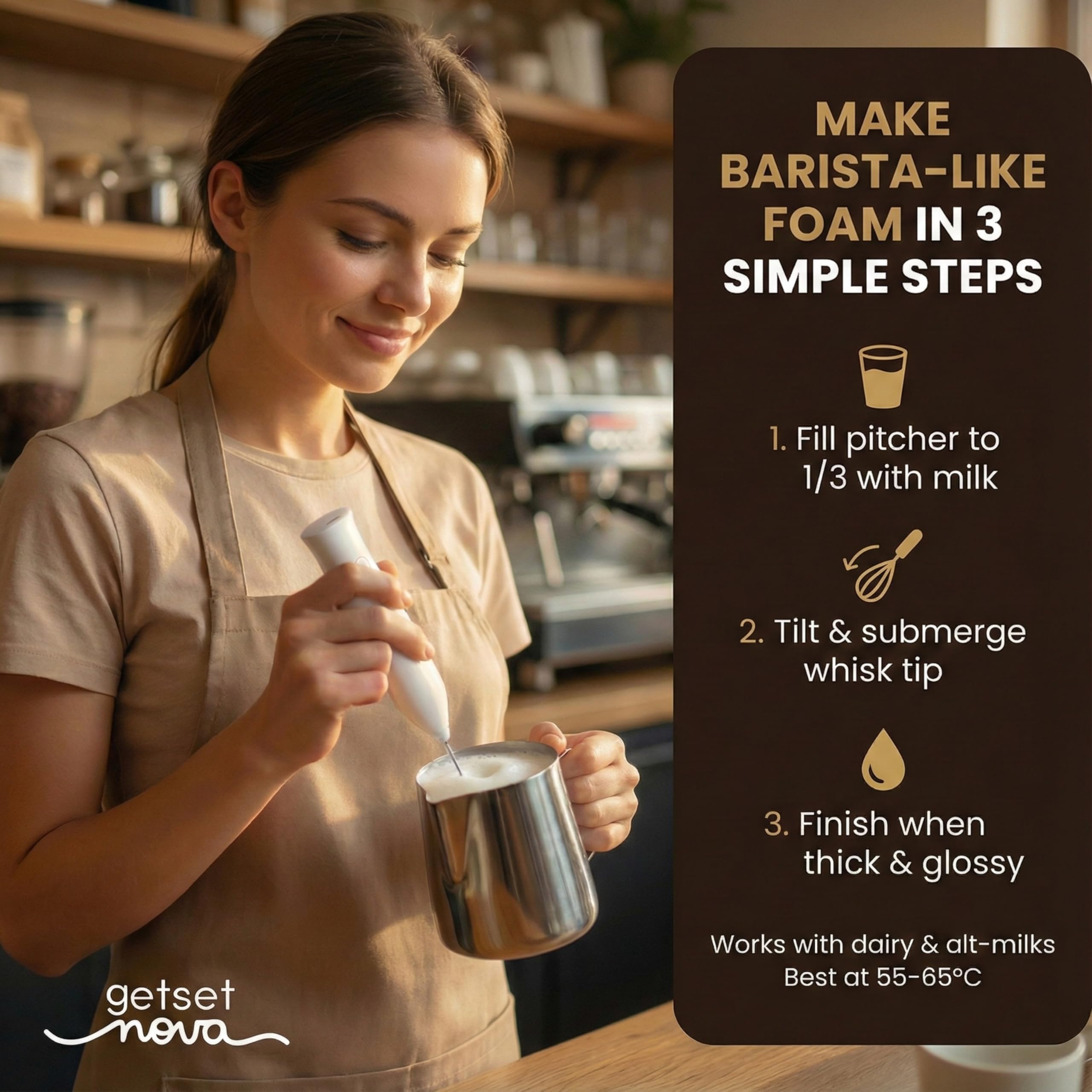 Nova Milk Frother with 3 speed settings for customizable textures.