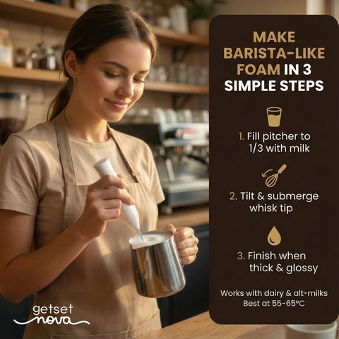 Nova Milk Frother with 3 speed settings for customizable textures.