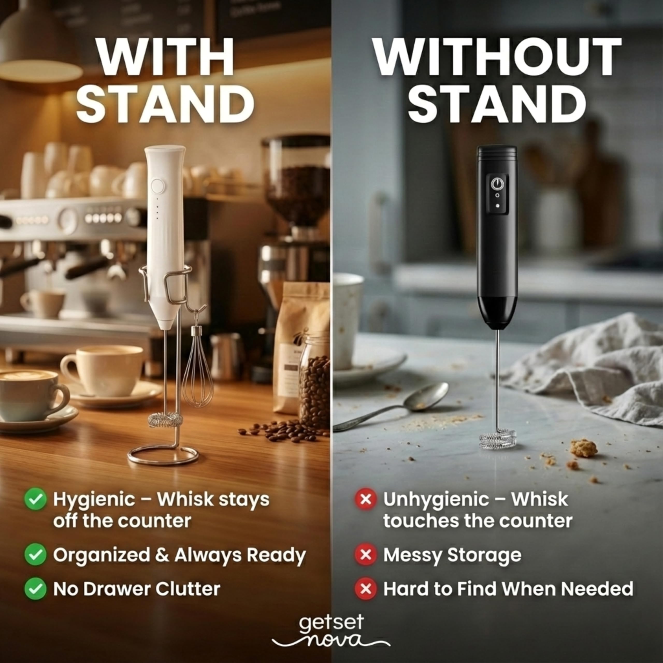 Nova Milk Frother creates hot or cold foam for coffee and shakes.