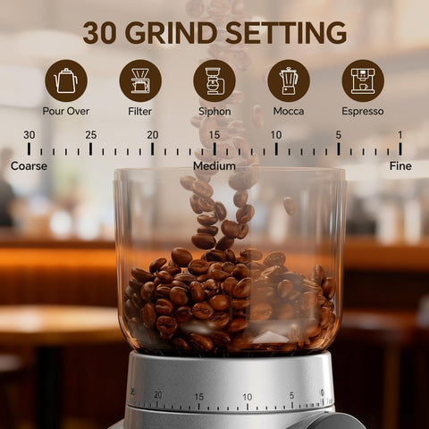 Novalife grinder close-up on stainless steel conical burr for uniform grounds